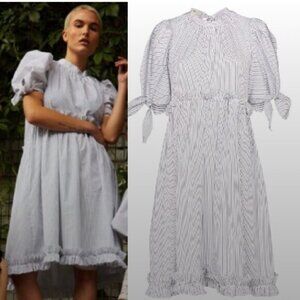 Brogger Dress Amy Midi Puff Sleeve in Pinstripe White